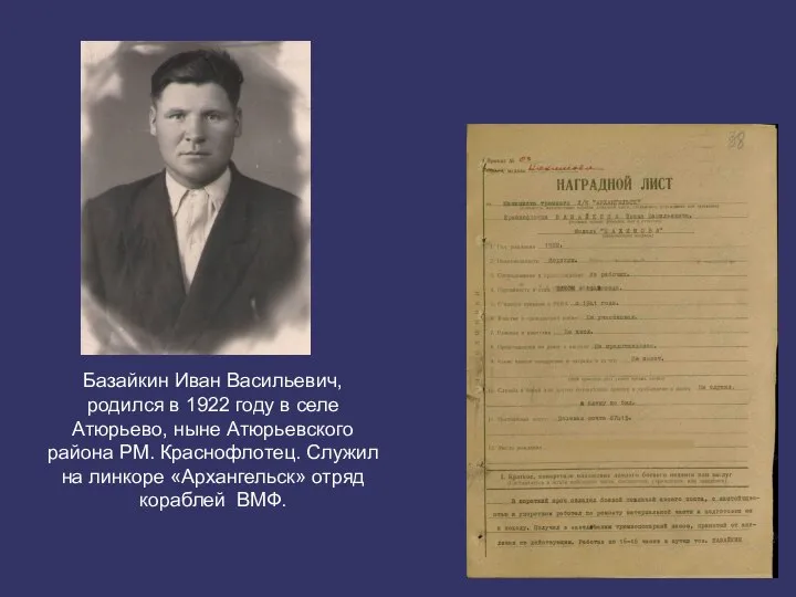Базайкин Иван Васильевич, родился в 1922 году в селе Атюрьево, ныне