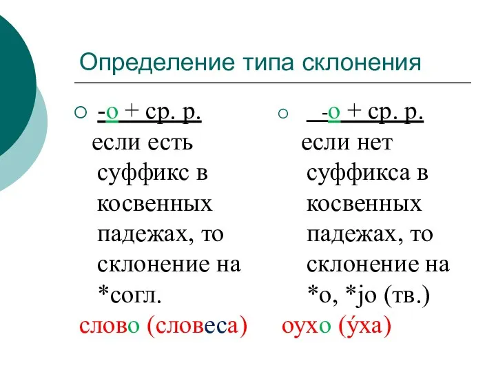 Определение типа склонения -о + ср. р. если есть суффикс в