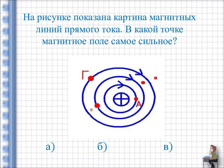 На рисунке показана картина магнитных линий прямого тока. В какой точке