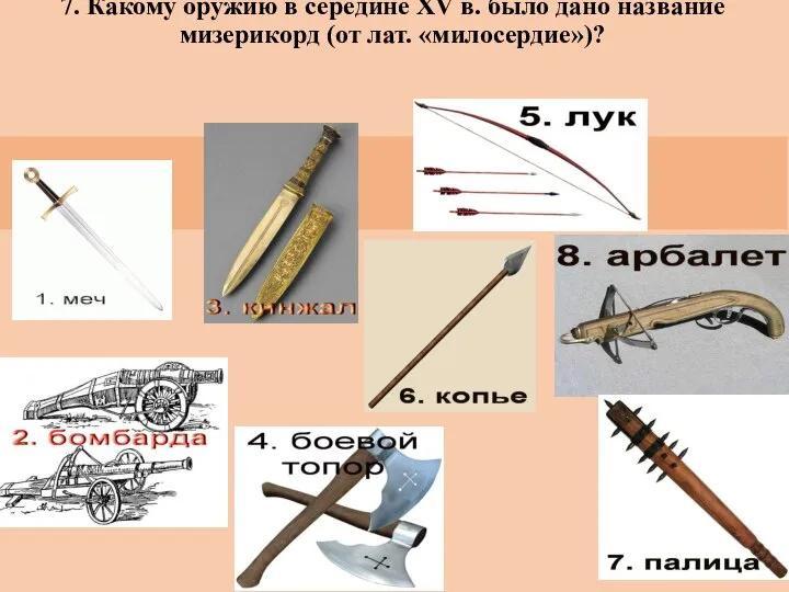 7. Какому оружию в середине XV в. было дано название мизерикорд (от лат. «милосердие»)?