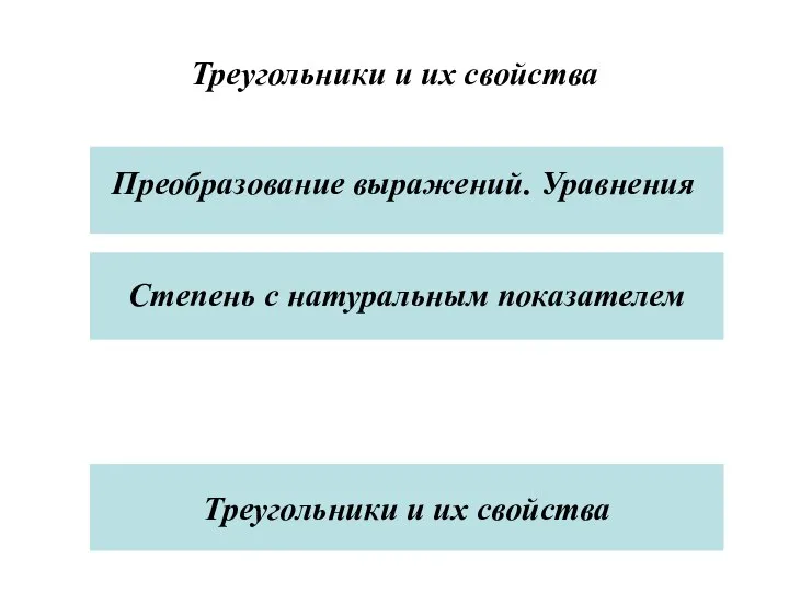 Треугольники и их свойства Треугольники и их свойства Преобразование выражений. Уравнения Степень с натуральным показателем