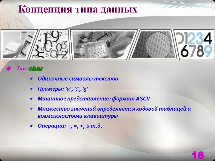 Концепция типа данных Тип char Одиночные символы текстов Примеры: ‘a’, ‘!’,