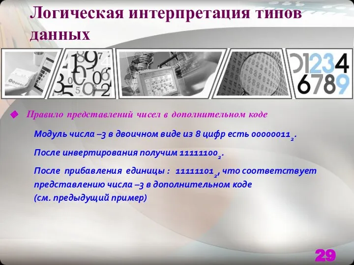 Логическая интерпретация типов данных Правило представлений чисел в дополнительном коде Модуль