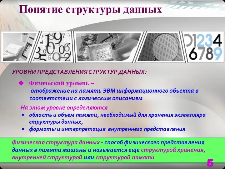 Понятие структуры данных УРОВНИ ПРЕДСТАВЛЕНИЯ СТРУКТУР ДАННЫХ: Физический уровень – отображение