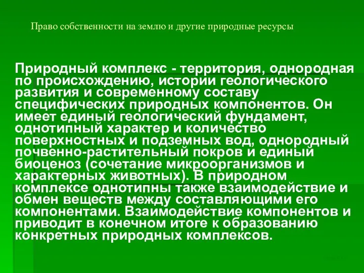 Право собственности на землю и другие природные ресурсы Природный комплекс -