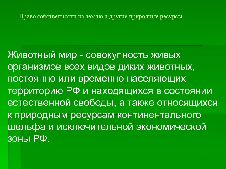 Право собственности на землю и другие природные ресурсы Животный мир -