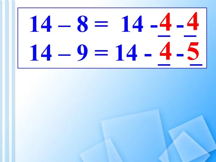 14 – 8 = 14 -_ -_ 14 – 9 =