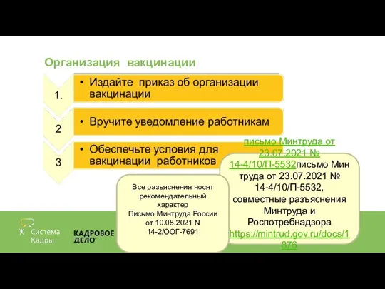 Организация вакцинации письмо Минтруда от 23.07.2021 № 14-4/10/П-5532письмо Минтруда от 23.07.2021