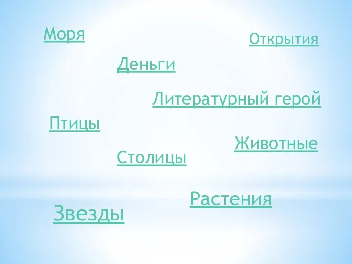 Моря Открытия Деньги Звезды Животные Птицы Растения Литературный герой Столицы