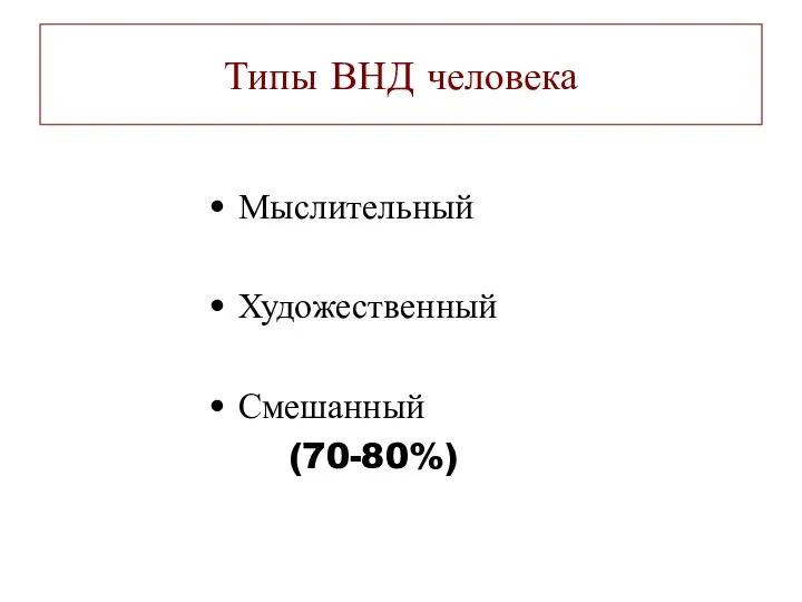 Мыслительный Художественный Смешанный (70-80%) Типы ВНД человека