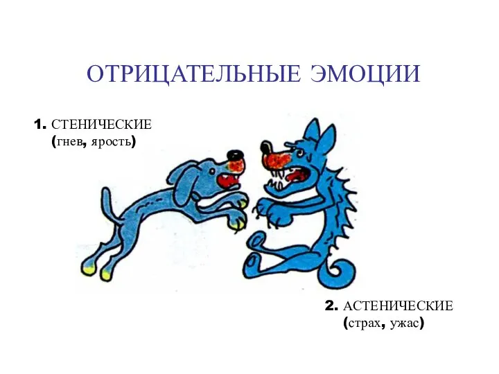 ОТРИЦАТЕЛЬНЫЕ ЭМОЦИИ 1. СТЕНИЧЕСКИЕ (гнев, ярость) 2. АСТЕНИЧЕСКИЕ (страх, ужас)