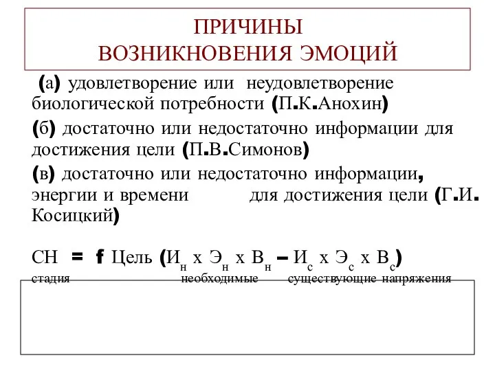 ПРИЧИНЫ ВОЗНИКНОВЕНИЯ ЭМОЦИЙ (а) удовлетворение или неудовлетворение биологической потребности (П.К.Анохин) (б)