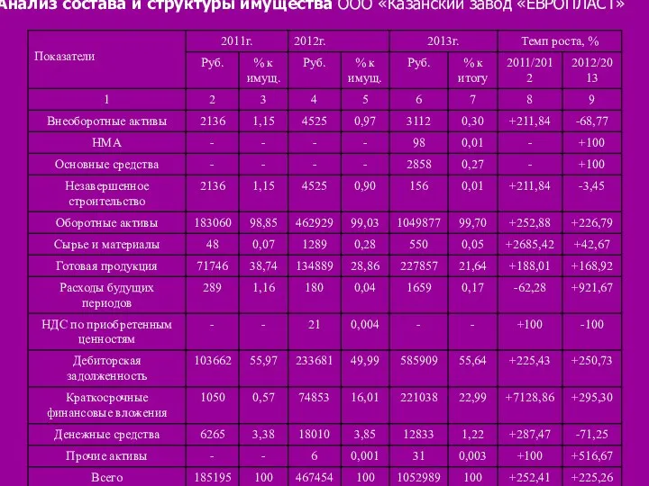 Анализ состава и структуры имущества ООО «Казанский завод «ЕВРОПЛАСТ»