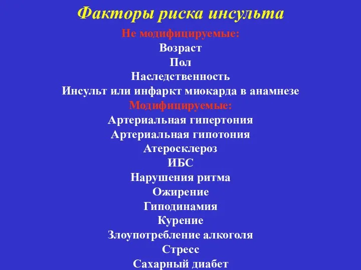 Факторы риска инсульта Не модифицируемые: Возраст Пол Наследственность Инсульт или инфаркт