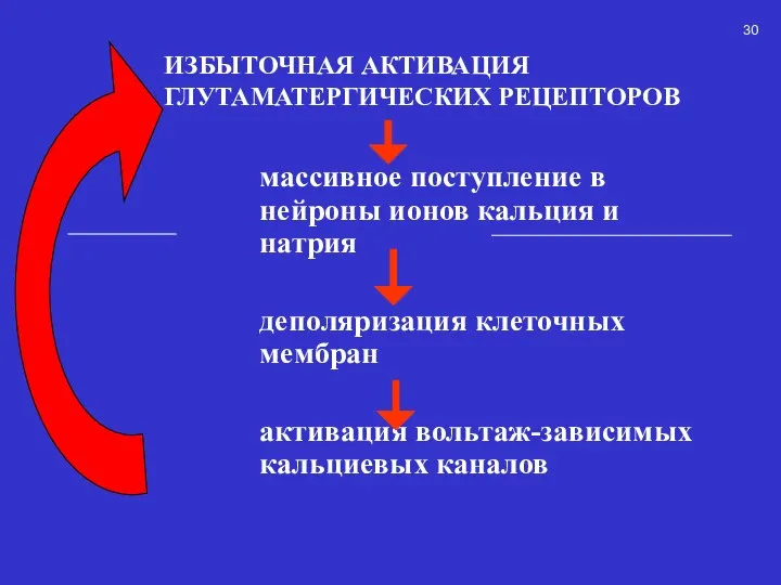 ИЗБЫТОЧНАЯ АКТИВАЦИЯ ГЛУТАМАТЕРГИЧЕСКИХ РЕЦЕПТОРОВ массивное поступление в нейроны ионов кальция и