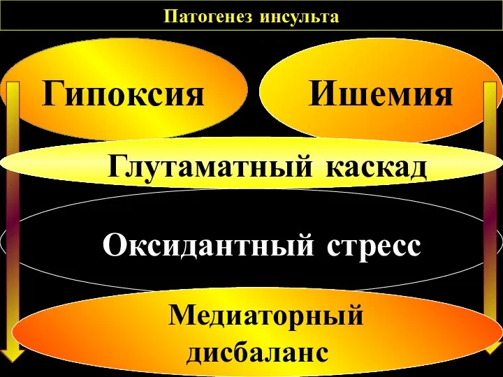 Патогенез инсульта Гипоксия Ишемия Оксидантный стресс Глутаматный каскад Медиаторный дисбаланс