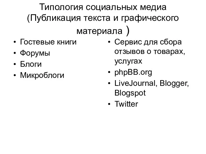 Типология социальных медиа (Публикация текста и графического материала ) Гостевые книги