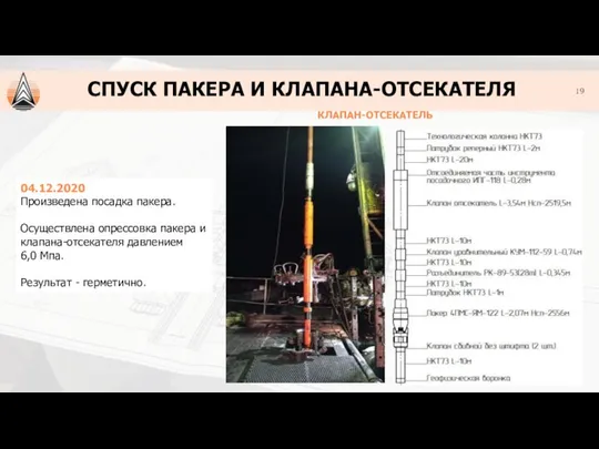 КЛАПАН-ОТСЕКАТЕЛЬ 04.12.2020 Произведена посадка пакера. Осуществлена опрессовка пакера и клапана-отсекателя давлением