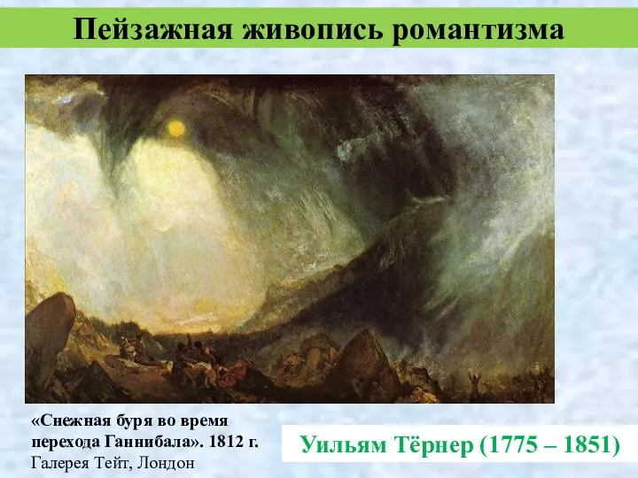 Уильям Тёрнер (1775 – 1851) Пейзажная живопись романтизма «Снежная буря во