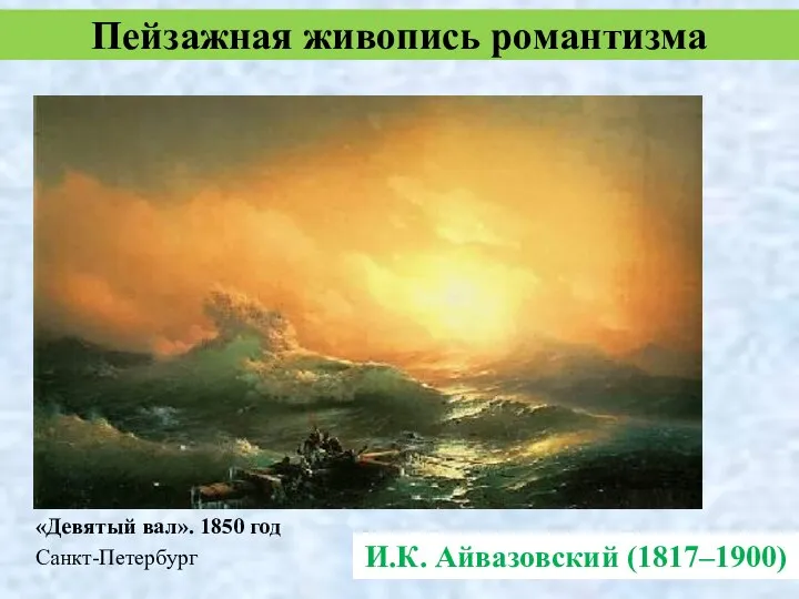 И.К. Айвазовский (1817–1900) Пейзажная живопись романтизма «Девятый вал». 1850 год Санкт-Петербург