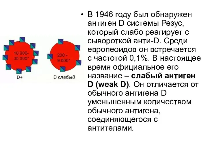 В 1946 году был обнаружен антиген D системы Резус, который слабо