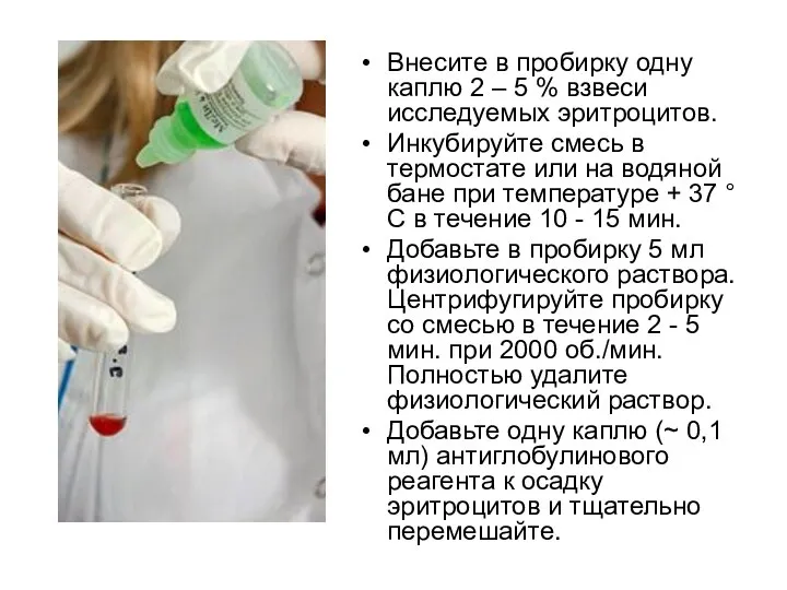 Внесите в пробирку одну каплю 2 – 5 % взвеси исследуемых