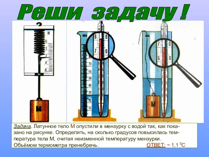 Реши задачу ! Задача. Латунное тело М опустили в мензурку с