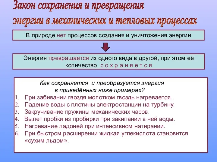 В природе нет процессов создания и уничтожения энергии Закон сохранения и