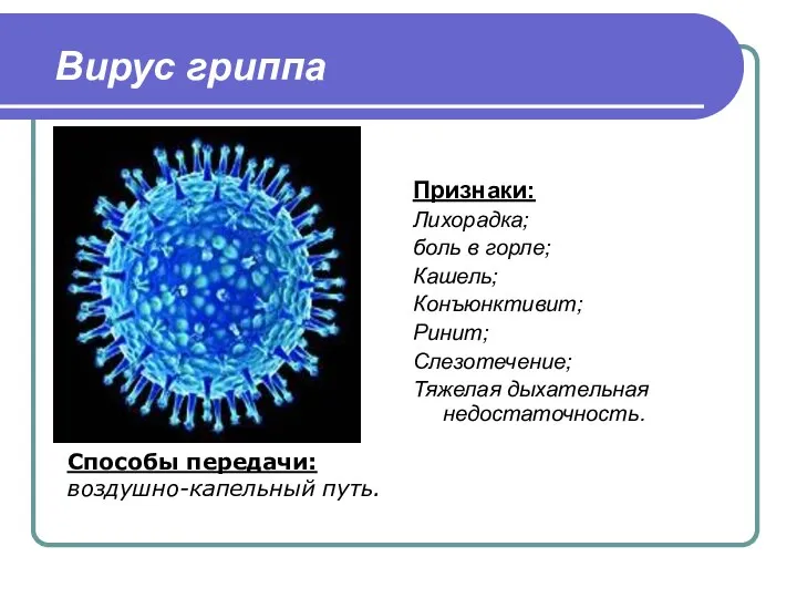 Вирус гриппа Признаки: Лихорадка; боль в горле; Кашель; Конъюнктивит; Ринит; Слезотечение;