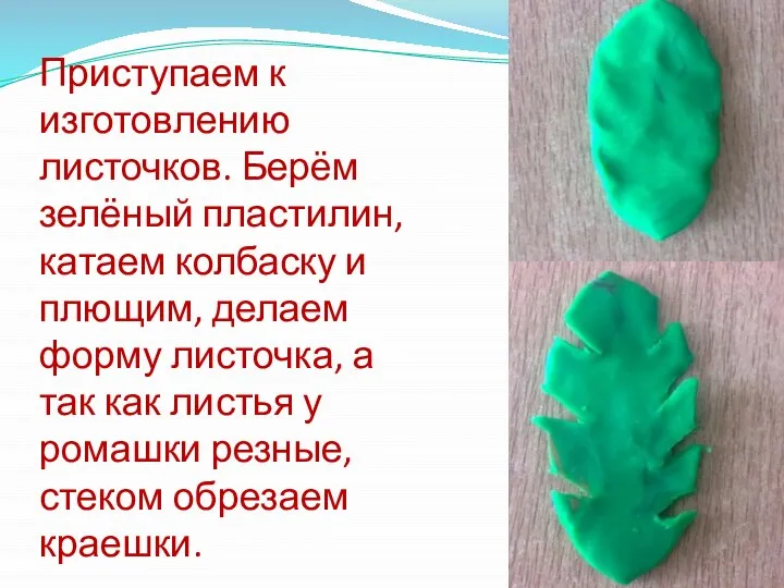 Приступаем к изготовлению листочков. Берём зелёный пластилин, катаем колбаску и плющим,