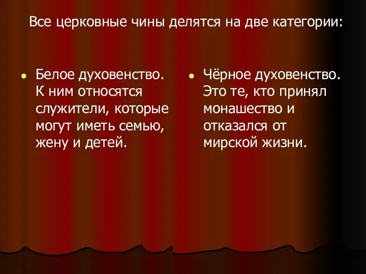 Все церковные чины делятся на две категории: Белое духовенство. К ним