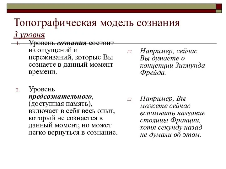 Топографическая модель сознания 3 уровня Уровень сознания состоит из ощущений и