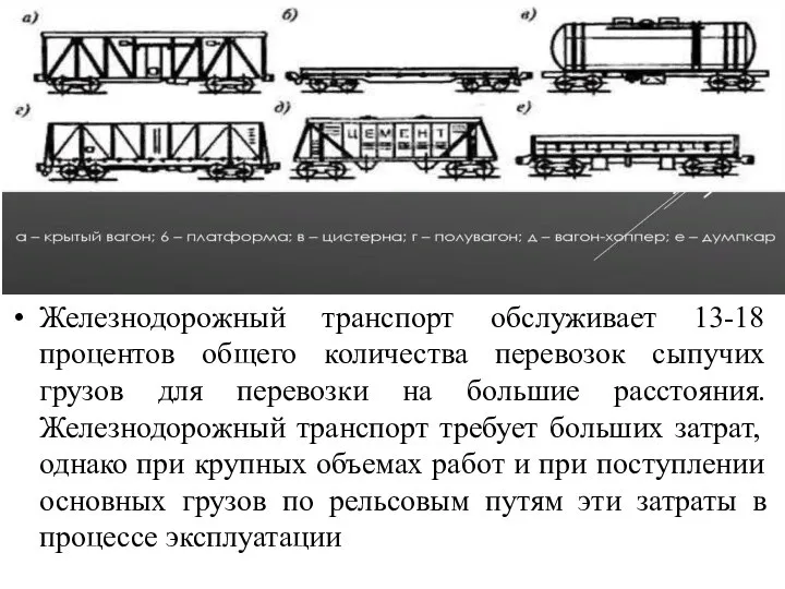 Железнодорожный транспорт обслуживает 13-18 процентов общего количества перевозок сыпучих грузов для