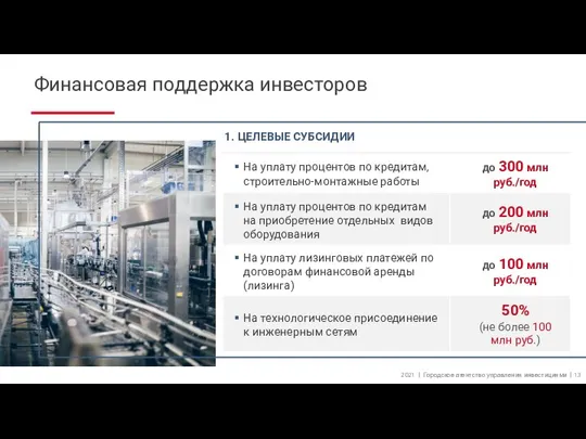 Финансовая поддержка инвесторов 1. ЦЕЛЕВЫЕ СУБСИДИИ