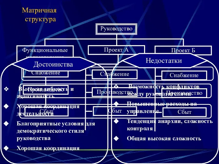 Матричная структура Высокая гибкость и адаптивность Хорошая координация деятельности Благоприятные условия