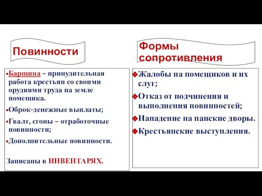 Повинности Барщина – принудительная работа крестьян со своими орудиями труда на