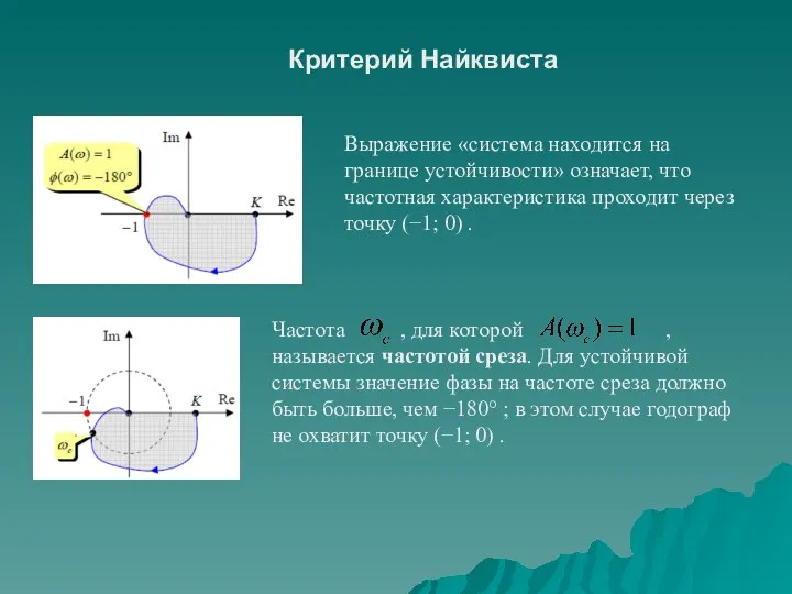 Критерий Найквиста Выражение «система находится на границе устойчивости» означает, что частотная