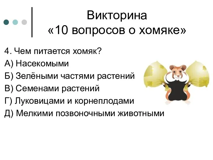 Викторина «10 вопросов о хомяке» 4. Чем питается хомяк? А) Насекомыми