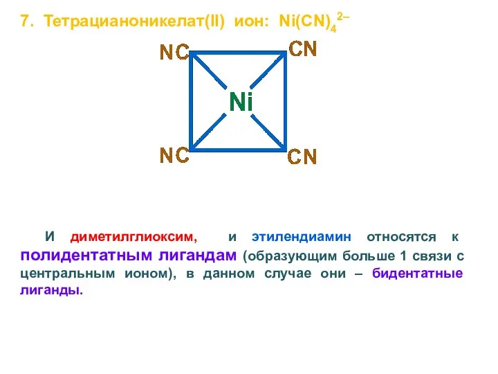 7. Тетрацианоникелат(II) ион: Ni(CN)42– И диметилглиоксим, и этилендиамин относятся к полидентатным