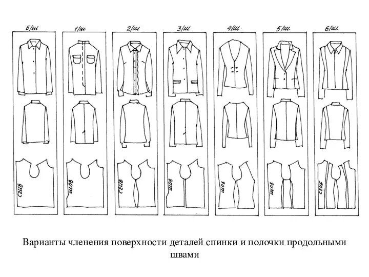 Варианты членения поверхности деталей спинки и полочки продольными швами