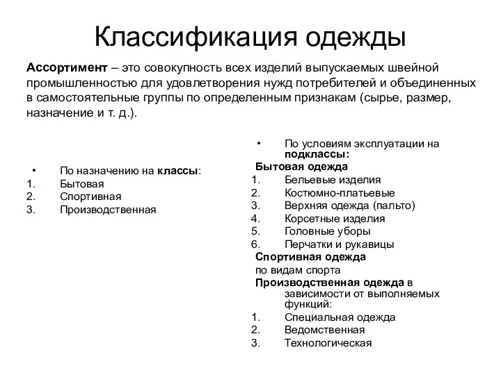 Классификация одежды По назначению на классы: Бытовая Спортивная Производственная По условиям