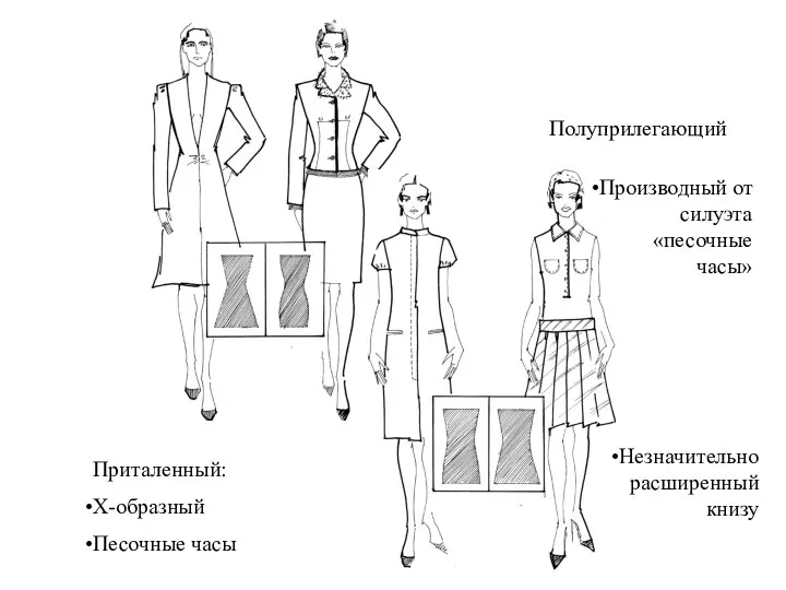 Приталенный: Х-образный Песочные часы Полуприлегающий Производный от силуэта «песочные часы» Незначительно расширенный книзу