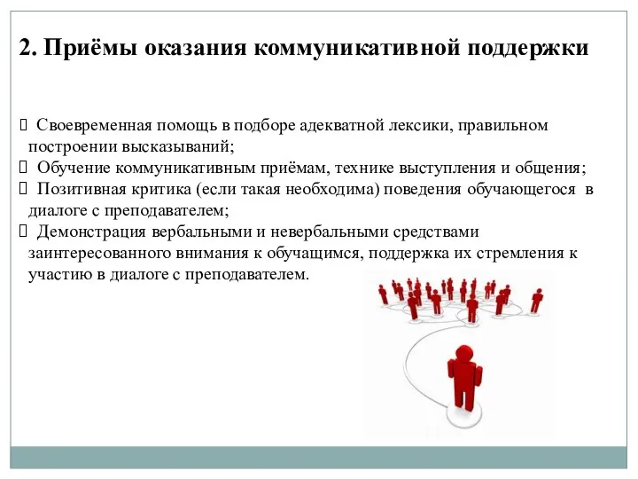 2. Приёмы оказания коммуникативной поддержки Своевременная помощь в подборе адекватной лексики,