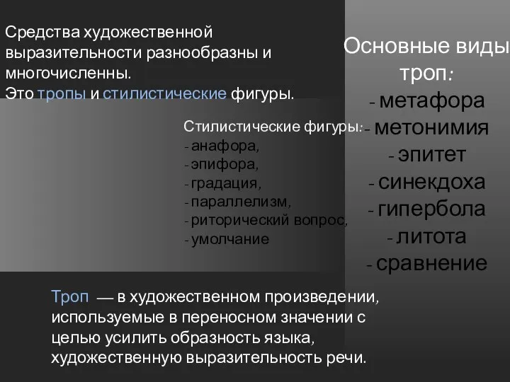 Средства художественной выразительности разнообразны и многочисленны. Это тропы и стилистические фигуры.