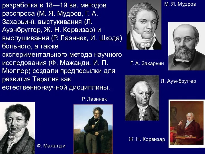 разработка в 18—19 вв. методов расспроса (М. Я. Мудров, Г. А.