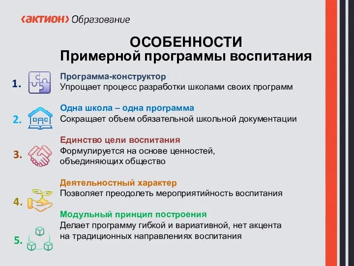 ОСОБЕННОСТИ Примерной программы воспитания Программа-конструктор Упрощает процесс разработки школами своих программ