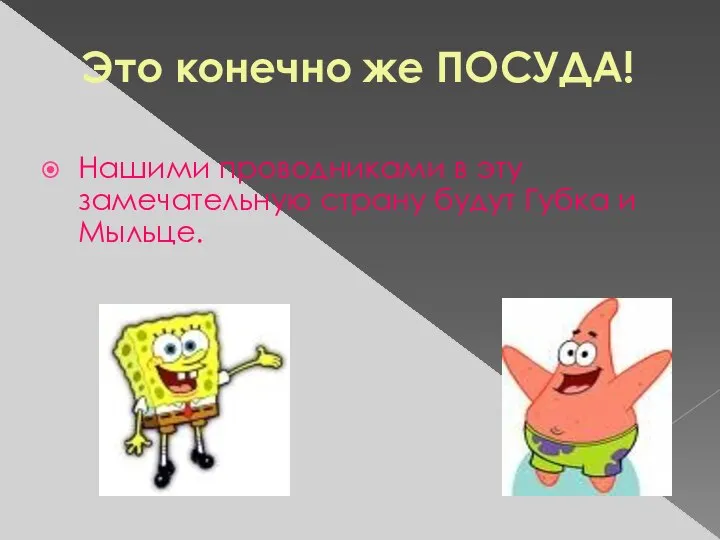 Это конечно же ПОСУДА! Нашими проводниками в эту замечательную страну будут Губка и Мыльце.