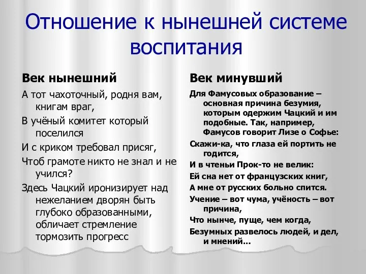 Отношение к нынешней системе воспитания Век нынешний А тот чахоточный, родня