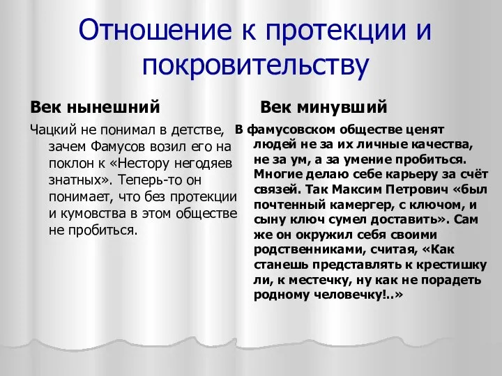 Отношение к протекции и покровительству Век нынешний Чацкий не понимал в