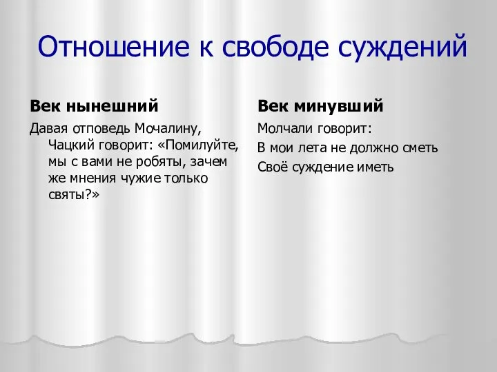 Отношение к свободе суждений Век нынешний Давая отповедь Мочалину, Чацкий говорит: